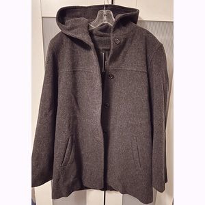 Vintage 100% Merino Wool Dark Gray Hooded Coat Jacket Y2K Size M